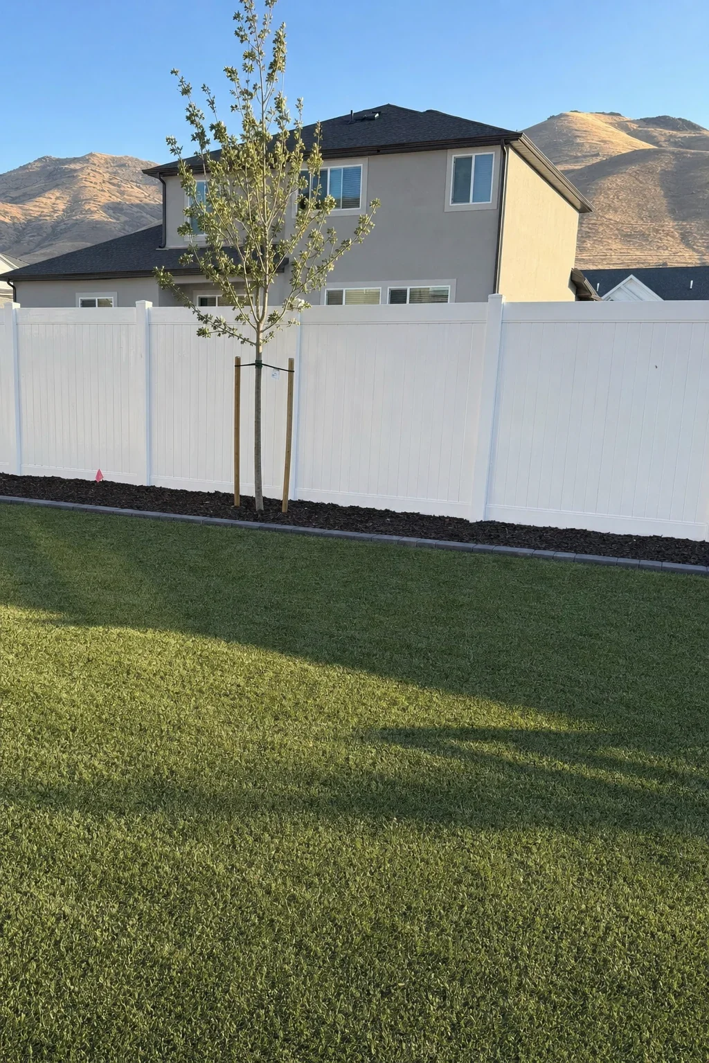 Artificial turf lawn running to a paver border and mulch bed with a young staked tree in a Utah County backyard