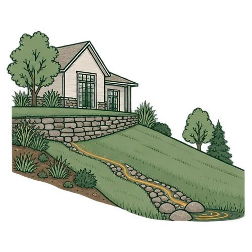 Line drawing of a sloped lawn with a dry-stone retaining wall and a house above, water running down the slope
