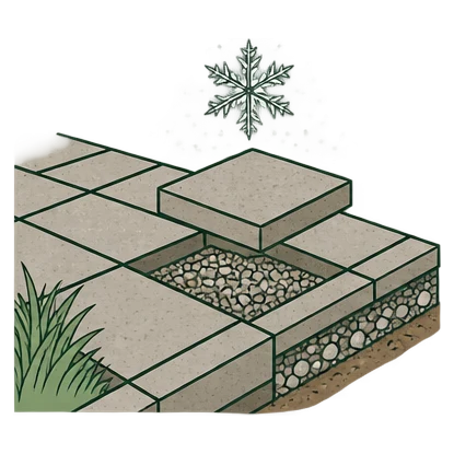 Line drawing of a paver patio corner with one paver lifted, a frost crystal above it