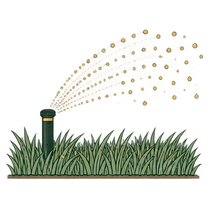 Line drawing of a pop-up sprinkler head spraying an arc of droplets over grass