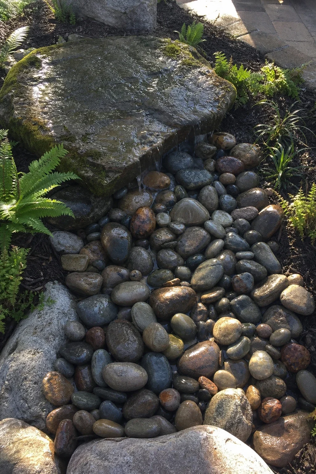 Water sheeting off a moss-rock slab into a river-stone basin edged with ferns
