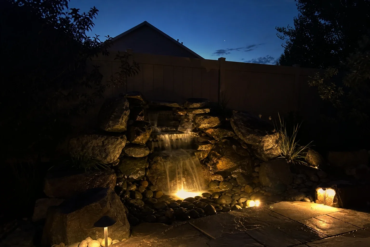 Pondless waterfall lit after dark, spilling over stacked stone into a river-rock basin beside a flagstone patio